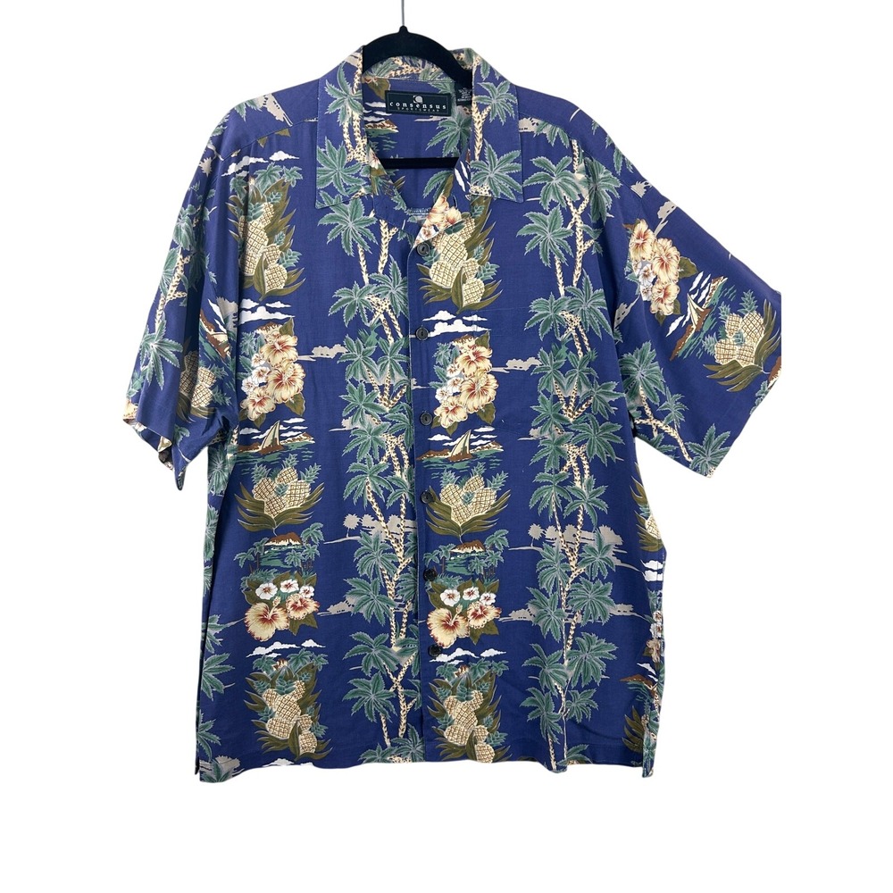 Consensus Sportswear Mens XL Blue Tropical Aloha Palm Pineapple‎ Rayon  Shirt